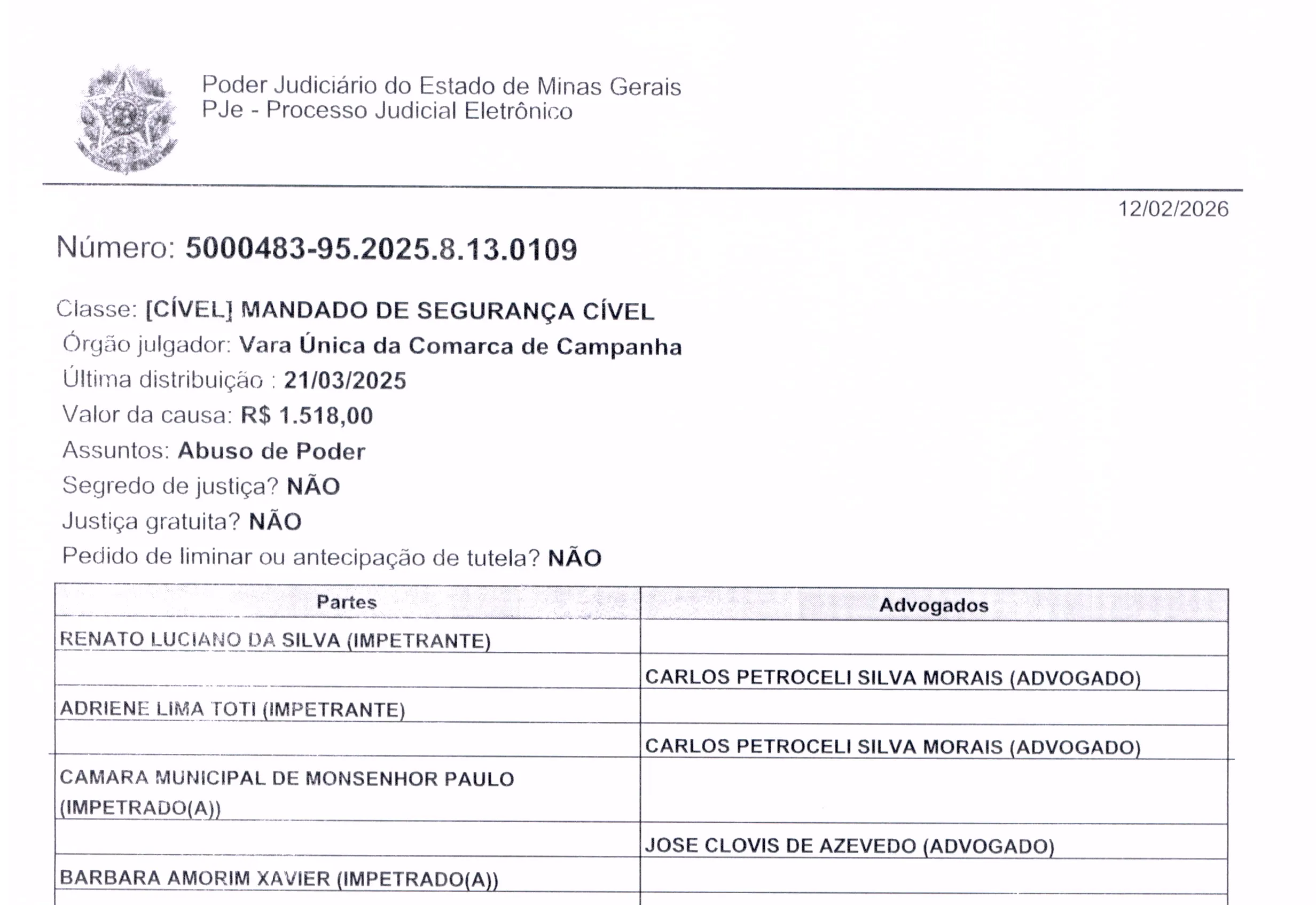 Processo 5000483-95.2025.8.13.0109